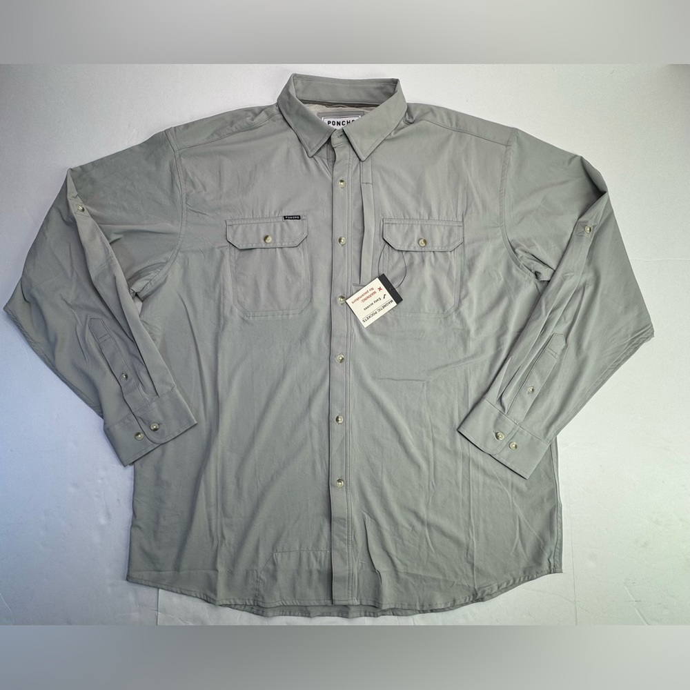 Poncho Fishing Shirt Men’s Large Vented Caped Magnetic Pockets Gray